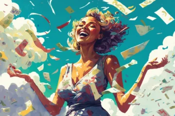 Smiling woman celebrating her financial abundance by throwing dollar bills in the air