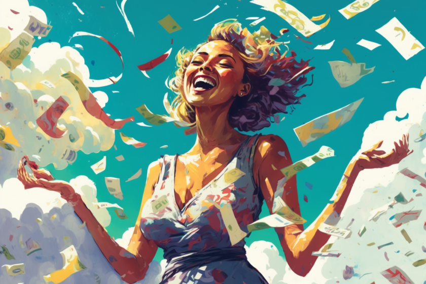 Smiling woman celebrating her financial abundance by throwing dollar bills in the air
