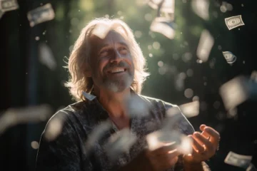 Man with long grey hair and grey beard looking at money falling down and saying: "Dollars flow to me easily."